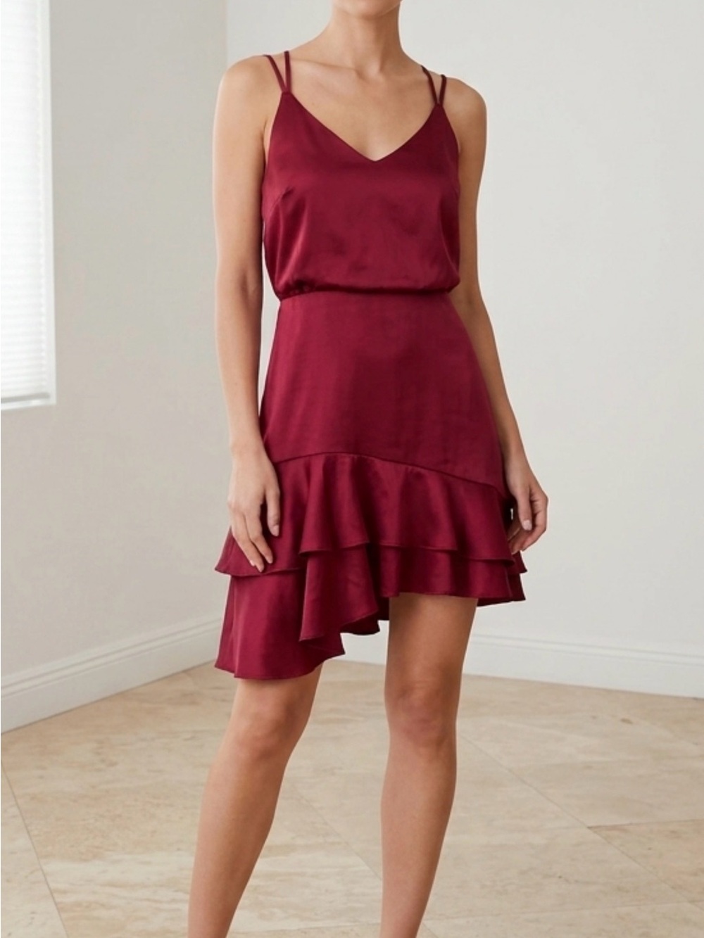 Lulu's Burgundy Satin Asymmetrical Ruffle Slip Dress